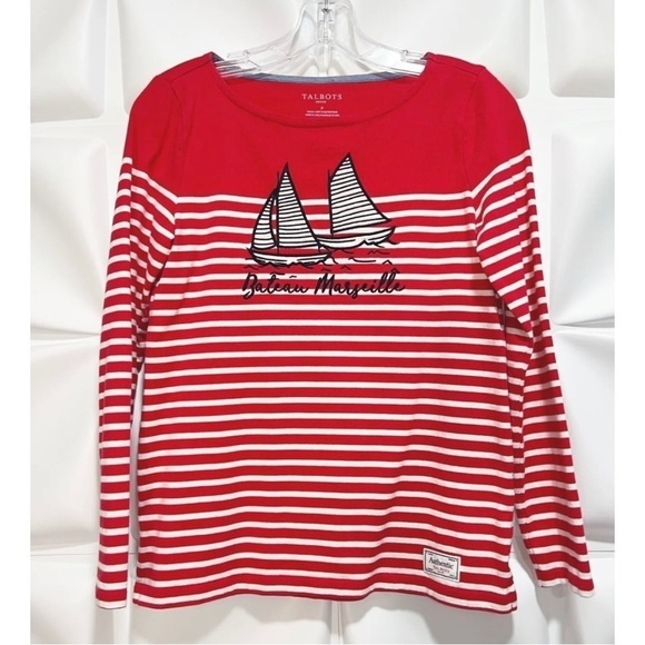 Talbots Sz P PXS Red White Stripe Sailboat Embroidered Blouse Top Nautical Women - Picture 3 of 8